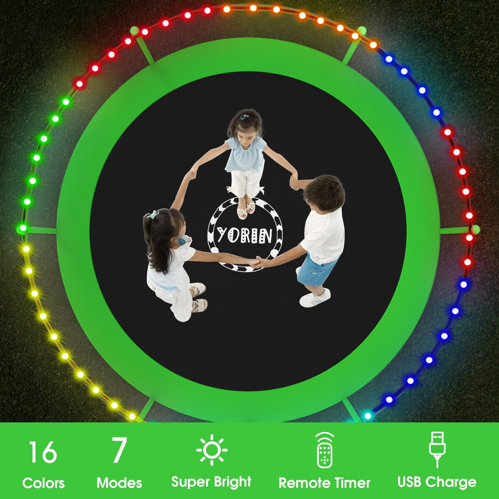 YORIN Trampoline for 2-3 Kids, 8 FT Trampoline for Adults with Enclosure Net, Ladder, Light, 800LBS Weight Capacity Outdoor Round Recreational Trampoline, Heavy Duty Trampoline