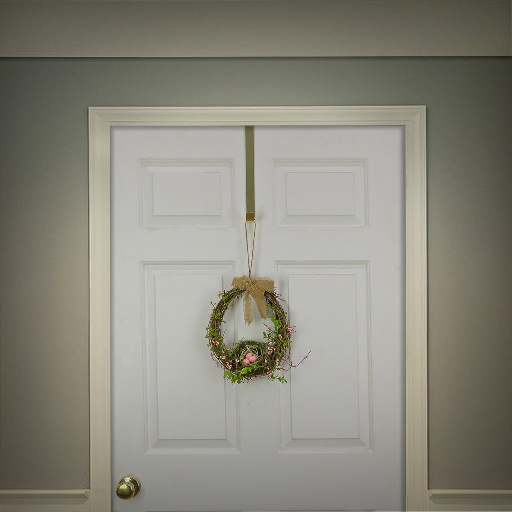 Artificial Bird's Nest Hanging Wall Decoration, Woven Branch Base, Decorated with Leafy Greens, Bird's Nest with Pastel Eggs, Burlap Bow, Includes Hanging Loop, Spring Collection, 11 Inches