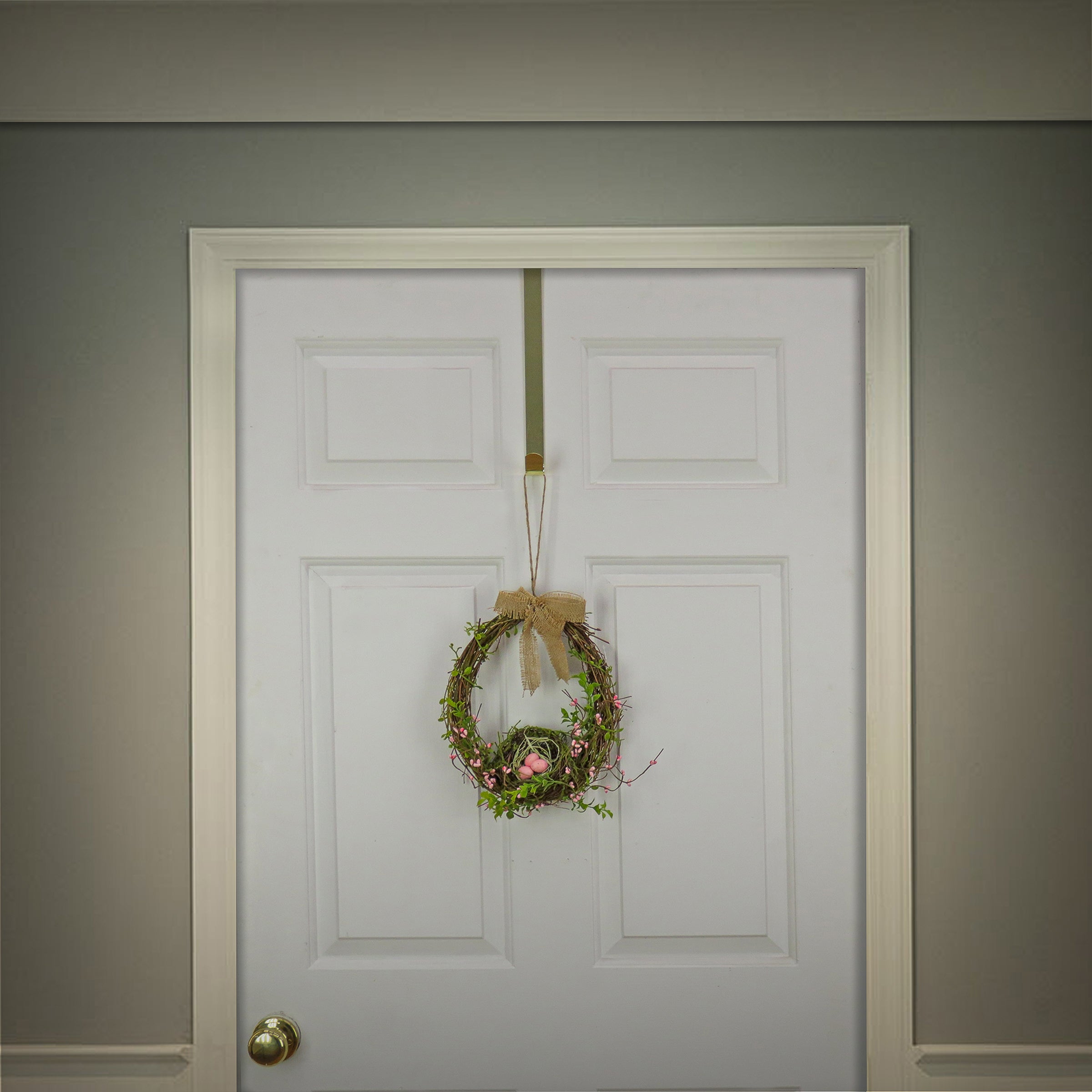 Artificial Bird's Nest Hanging Wall Decoration, Woven Branch Base, Decorated with Leafy Greens, Bird's Nest with Pastel Eggs, Burlap Bow, Includes Hanging Loop, Spring Collection, 11 Inches