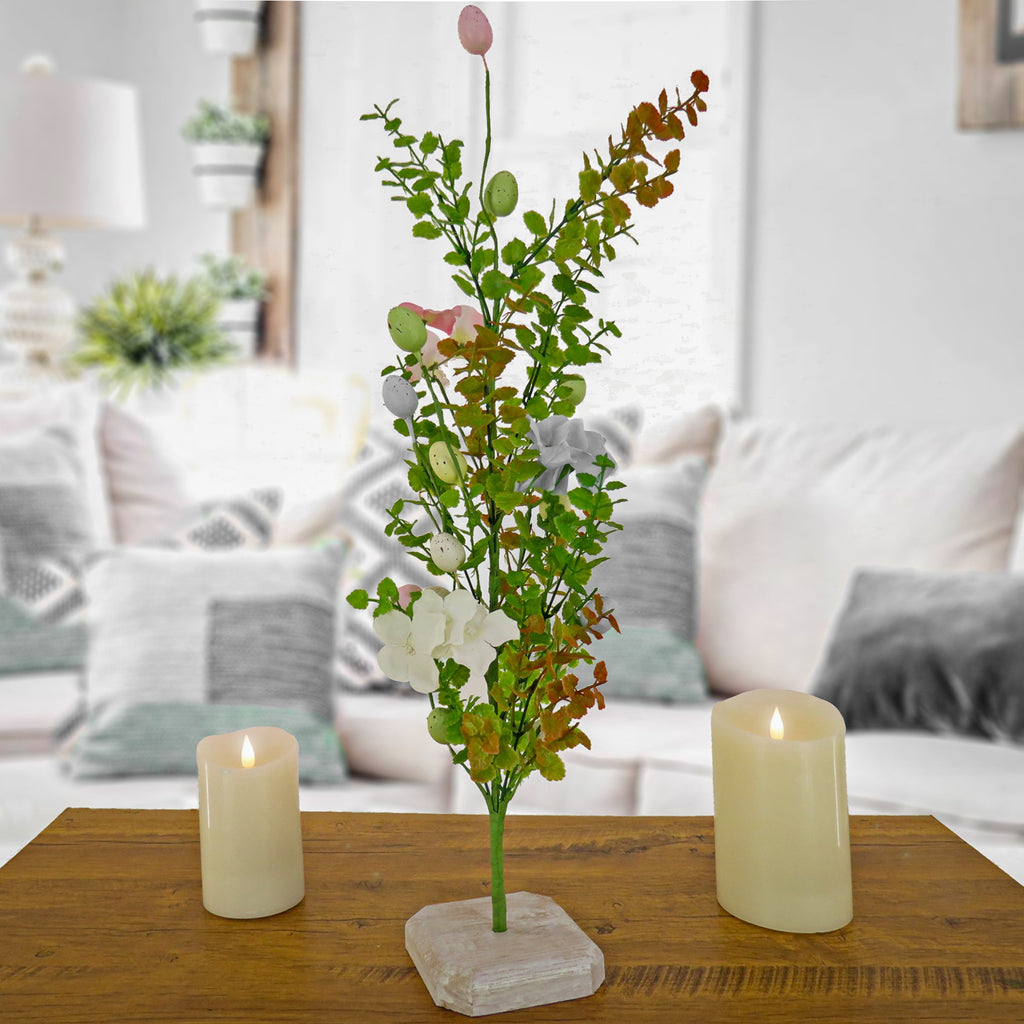 Artificial Decorative Tree, Decorated with Pastel Eggs, Flower Blooms, Includes Wooden Block Base, Easter Collection, 24 Inches