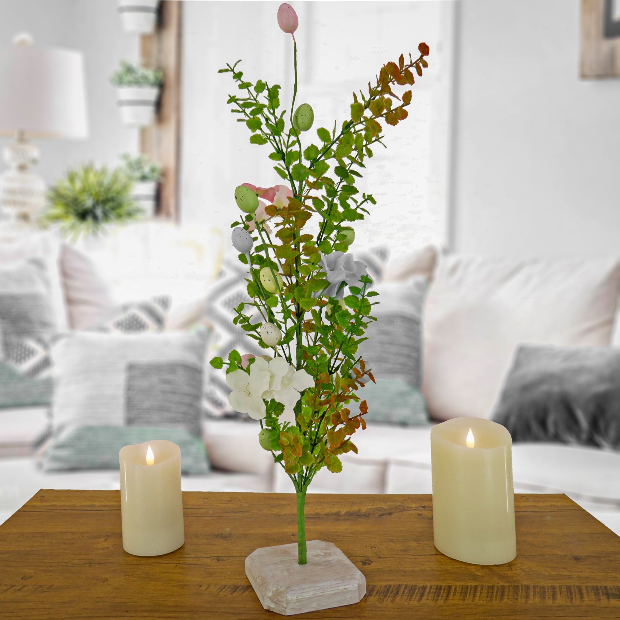 Artificial Decorative Tree, Decorated with Pastel Eggs, Flower Blooms, Includes Wooden Block Base, Easter Collection, 24 Inches