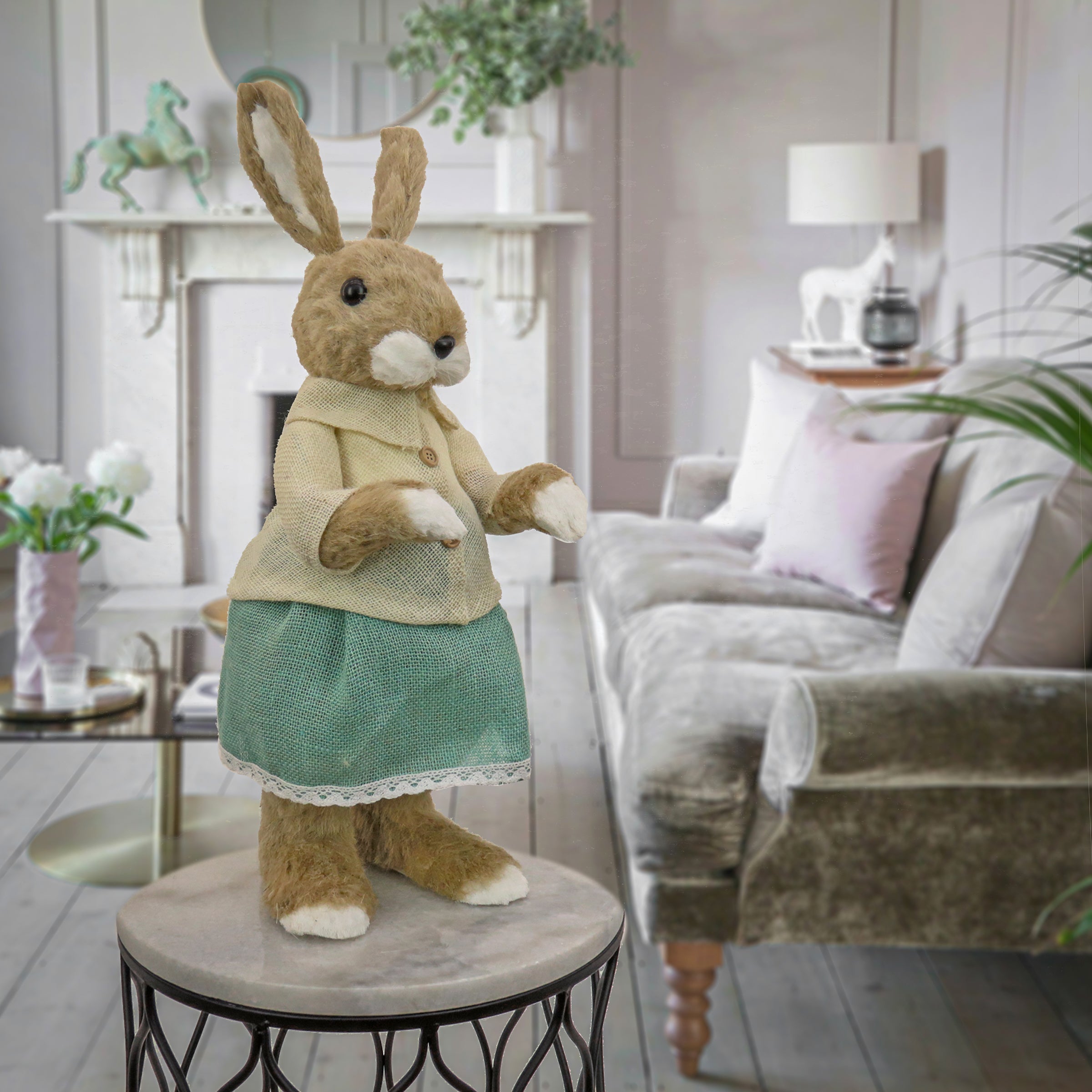 Standing Bunny Table Decoration, Soft Straw with Foam Base, Buttoned White Blouse and Teal Skirt, Easter Collection, 24 Inches