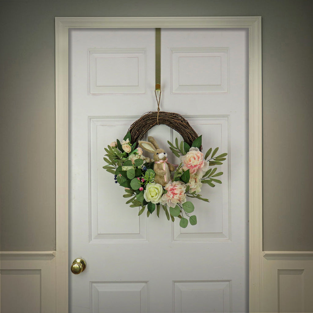 Artificial Hanging Wreath, Woven Branch Base, Decorated with Pastel Flower Blooms, Bunny, Leafy Greens, Easter Collection, 18 Inches