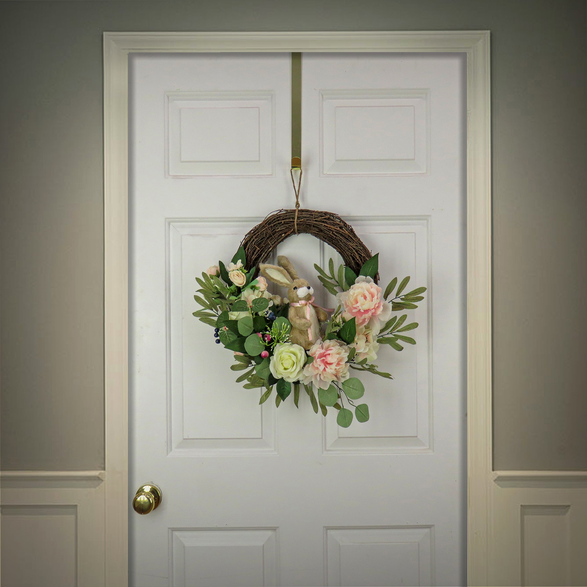 Artificial Hanging Wreath, Woven Branch Base, Decorated with Pastel Flower Blooms, Bunny, Leafy Greens, Easter Collection, 18 Inches
