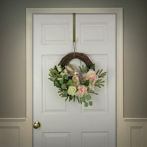 Artificial Hanging Wreath, Woven Branch Base, Decorated with Pastel Flower Blooms, Bunny, Leafy Greens, Easter Collection, 18 Inches
