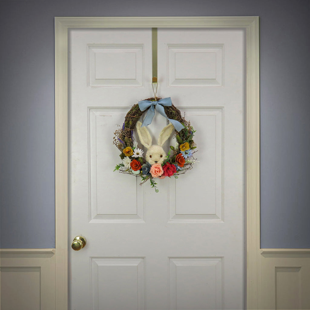 Artificial Hanging Wreath, Woven Branch Base, Decorated with Multicolor Flower Blooms, Leafy Greens, Bunny Head, Easter Collection, 16 Inches