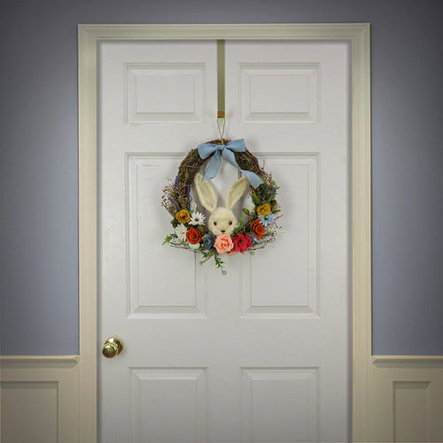 Artificial Hanging Wreath, Woven Branch Base, Decorated with Multicolor Flower Blooms, Leafy Greens, Bunny Head, Easter Collection, 16 Inches