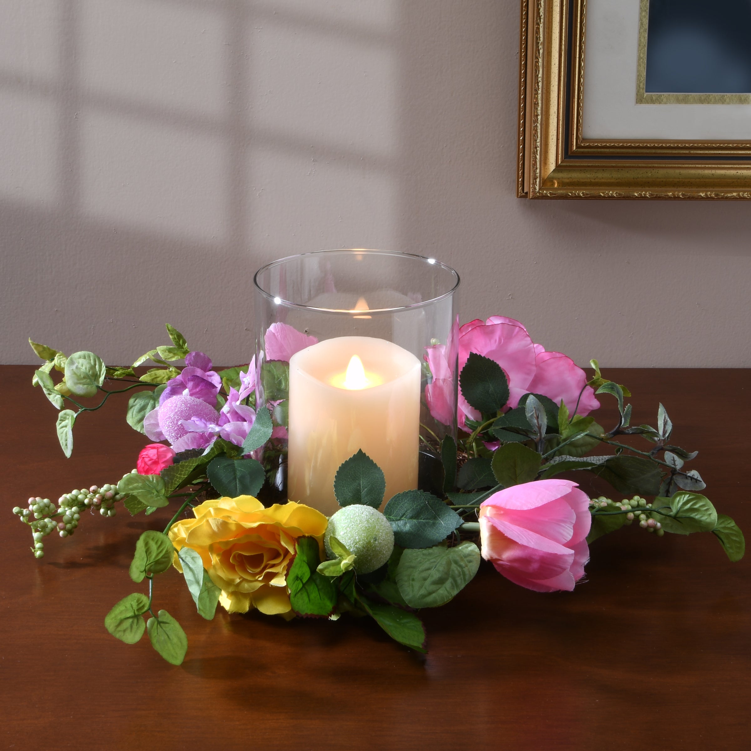 Artificial Spring Candleholder, Decorated with Flower Blooms, Pastel Eggs, Berry Clusters, Easter Collection, 16 Inches