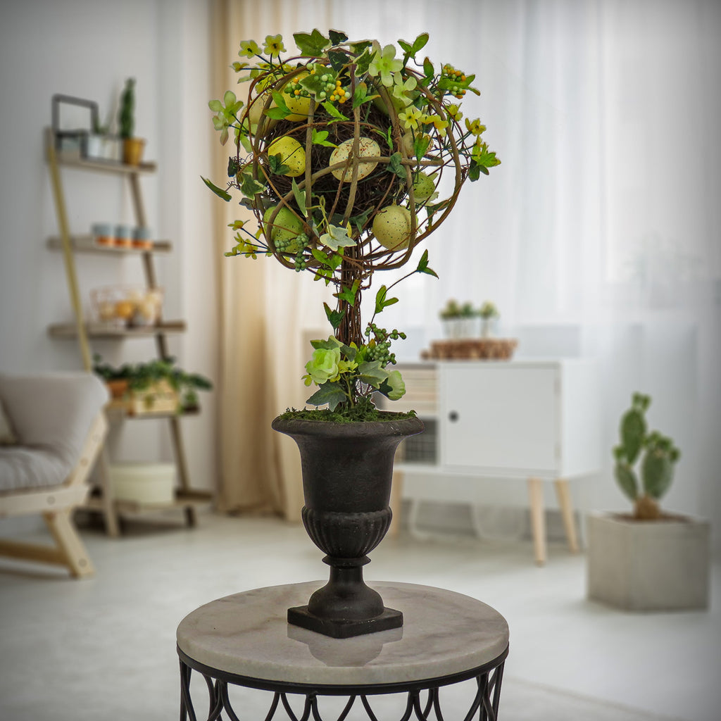 Artificial Single Ball Topiary, Green, Decorated with Flower Blooms and Pastel Eggs, Vine, Spring Collection, 26 Inches