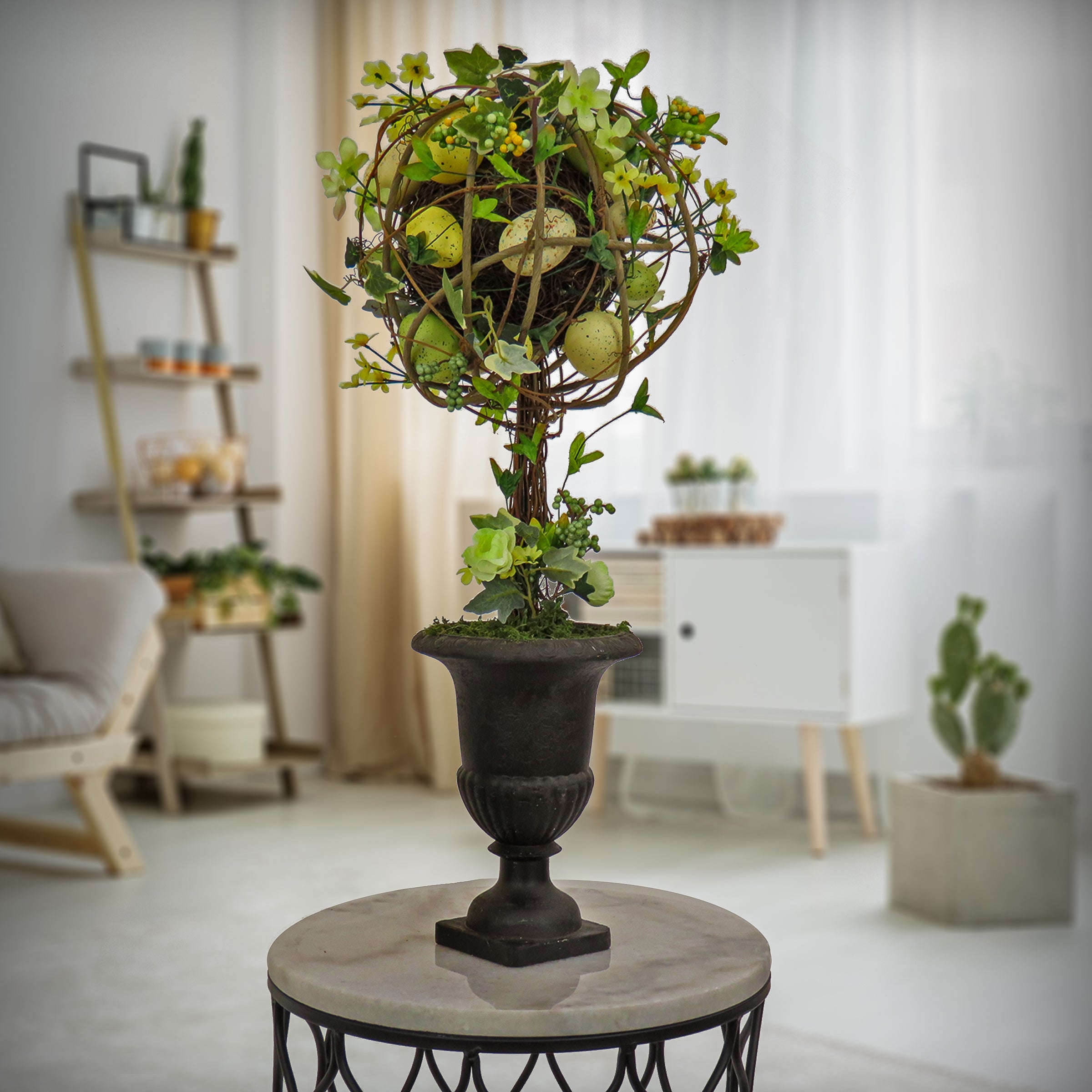 Artificial Single Ball Topiary, Green, Decorated with Flower Blooms and Pastel Eggs, Vine, Spring Collection, 26 Inches