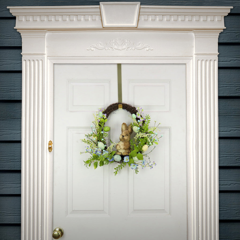 Artificial Spring Wreath, Woven Branch Base, Decorated with Wooden Bunny, Blue Flower Blooms, Pastel Eggs, Berries, Easter Collection, 16 Inches