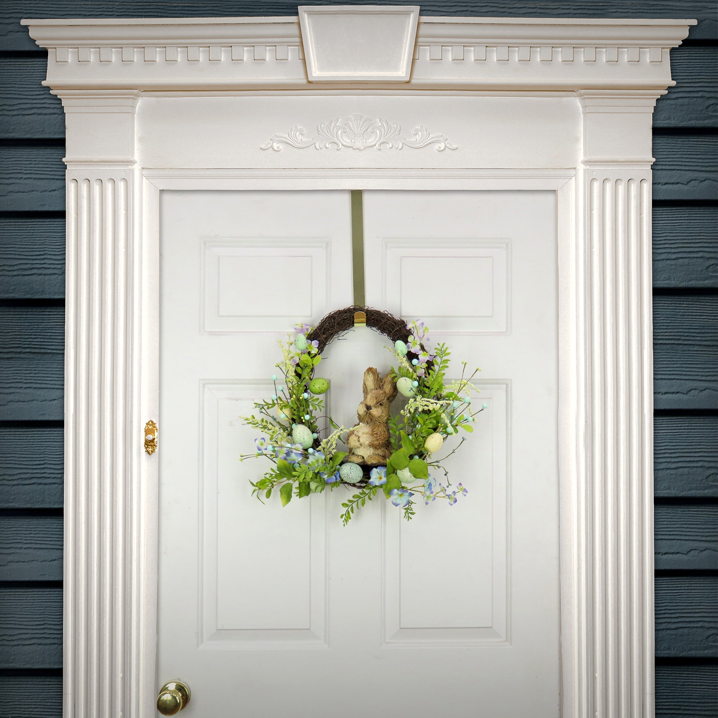 Artificial Spring Wreath, Woven Branch Base, Decorated with Wooden Bunny, Blue Flower Blooms, Pastel Eggs, Berries, Easter Collection, 16 Inches