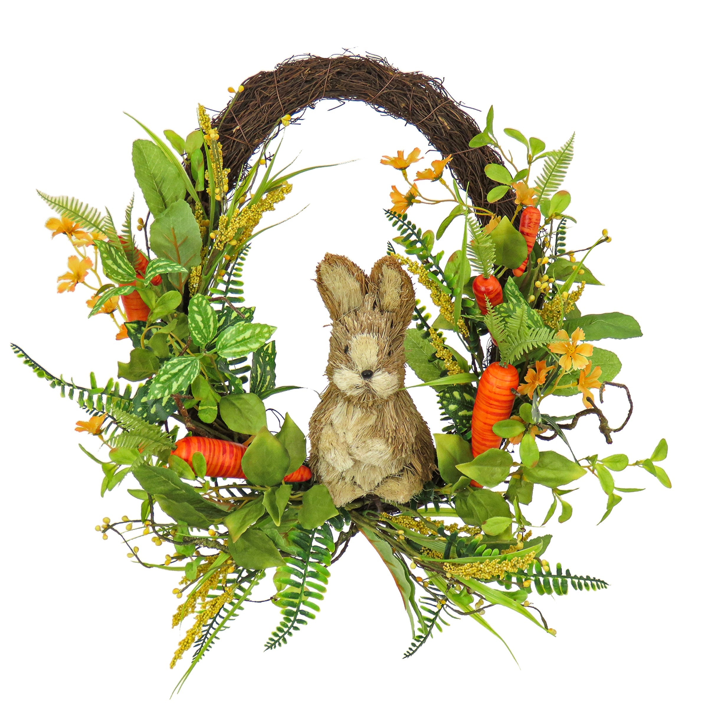 Artificial Spring Wreath, Woven Branch Base, Decorated with Wooden Bunny, Carrots, Leafy Greens, Berries, Easter Collection, 16 Inches