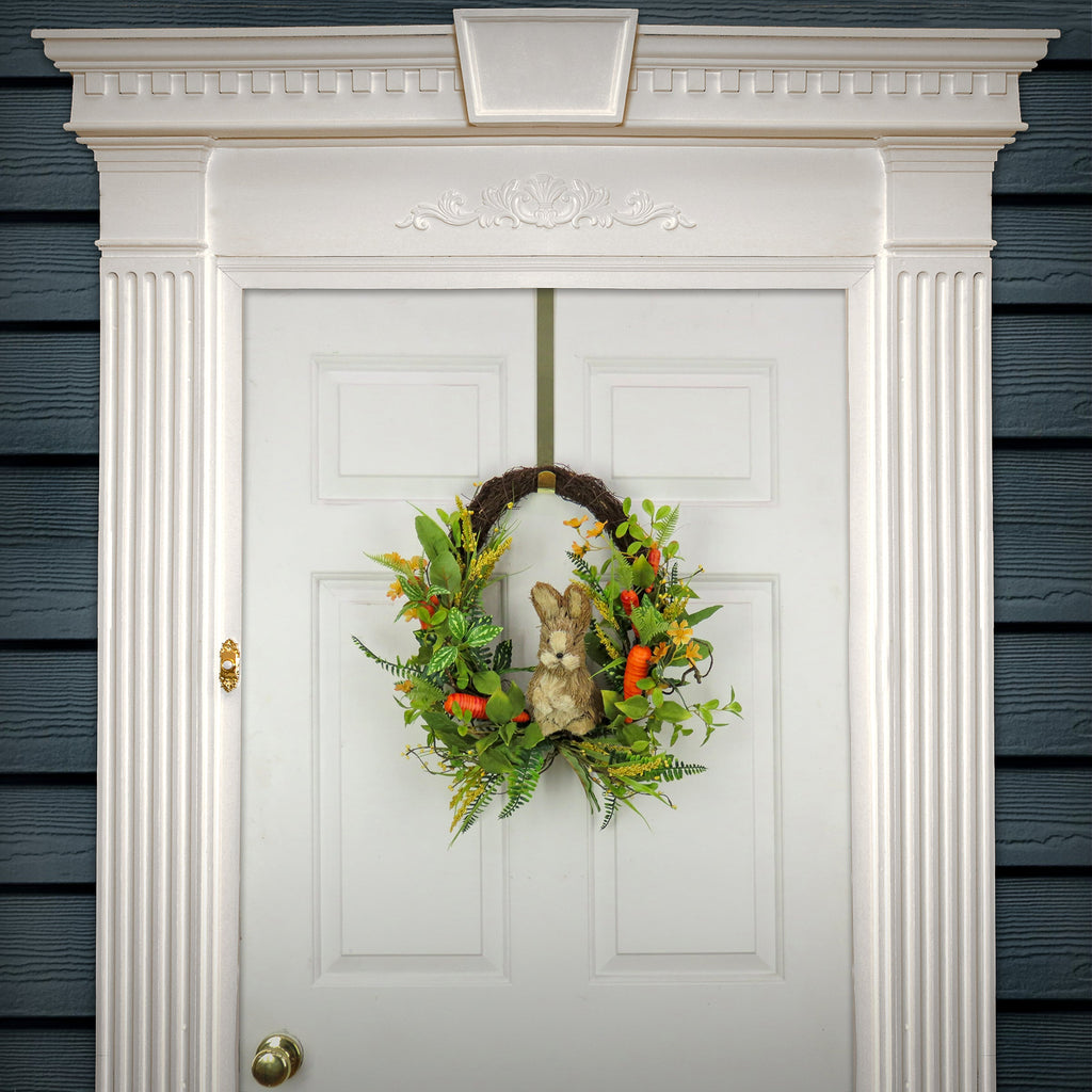 Artificial Spring Wreath, Woven Branch Base, Decorated with Wooden Bunny, Carrots, Leafy Greens, Berries, Easter Collection, 16 Inches