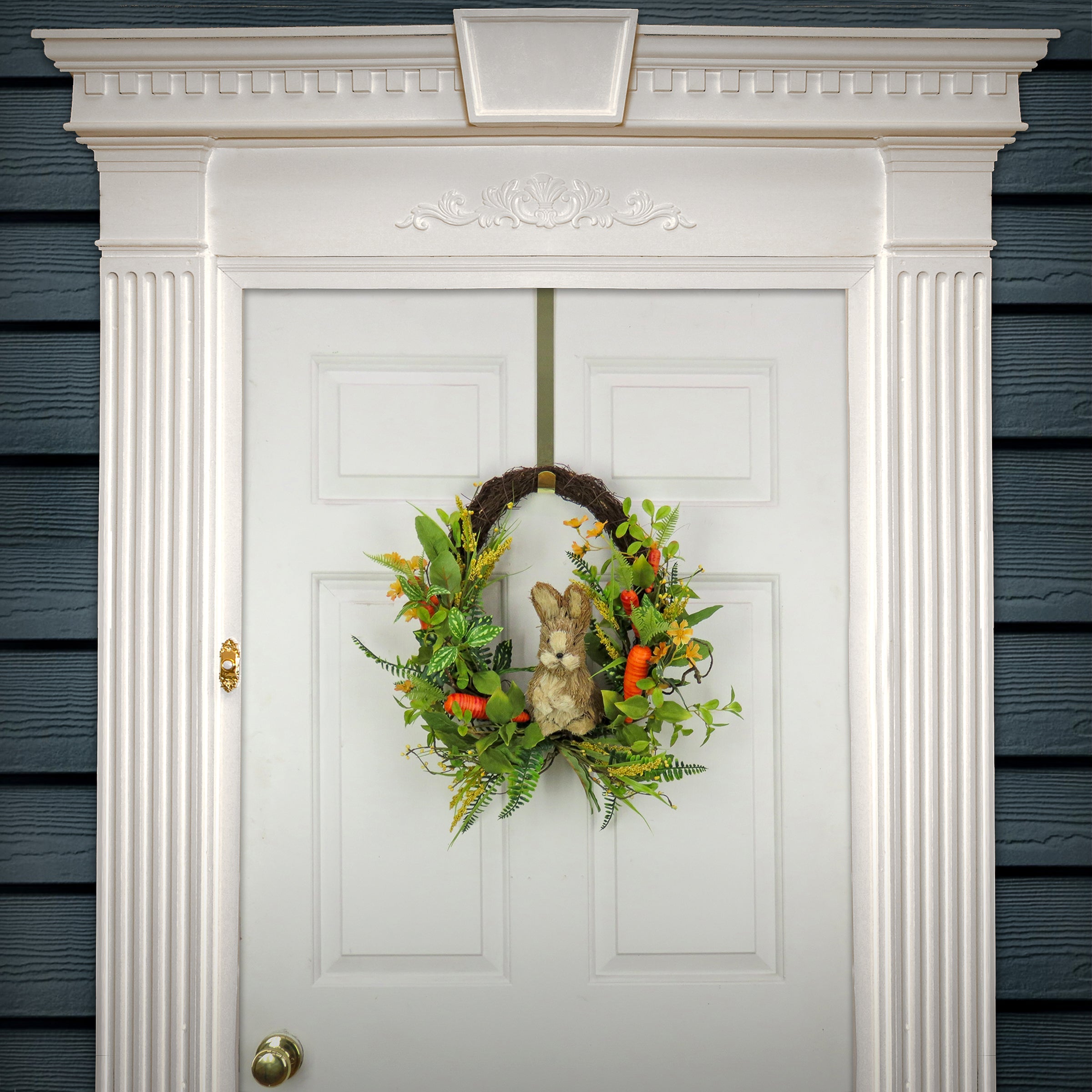 Artificial Spring Wreath, Woven Branch Base, Decorated with Wooden Bunny, Carrots, Leafy Greens, Berries, Easter Collection, 16 Inches