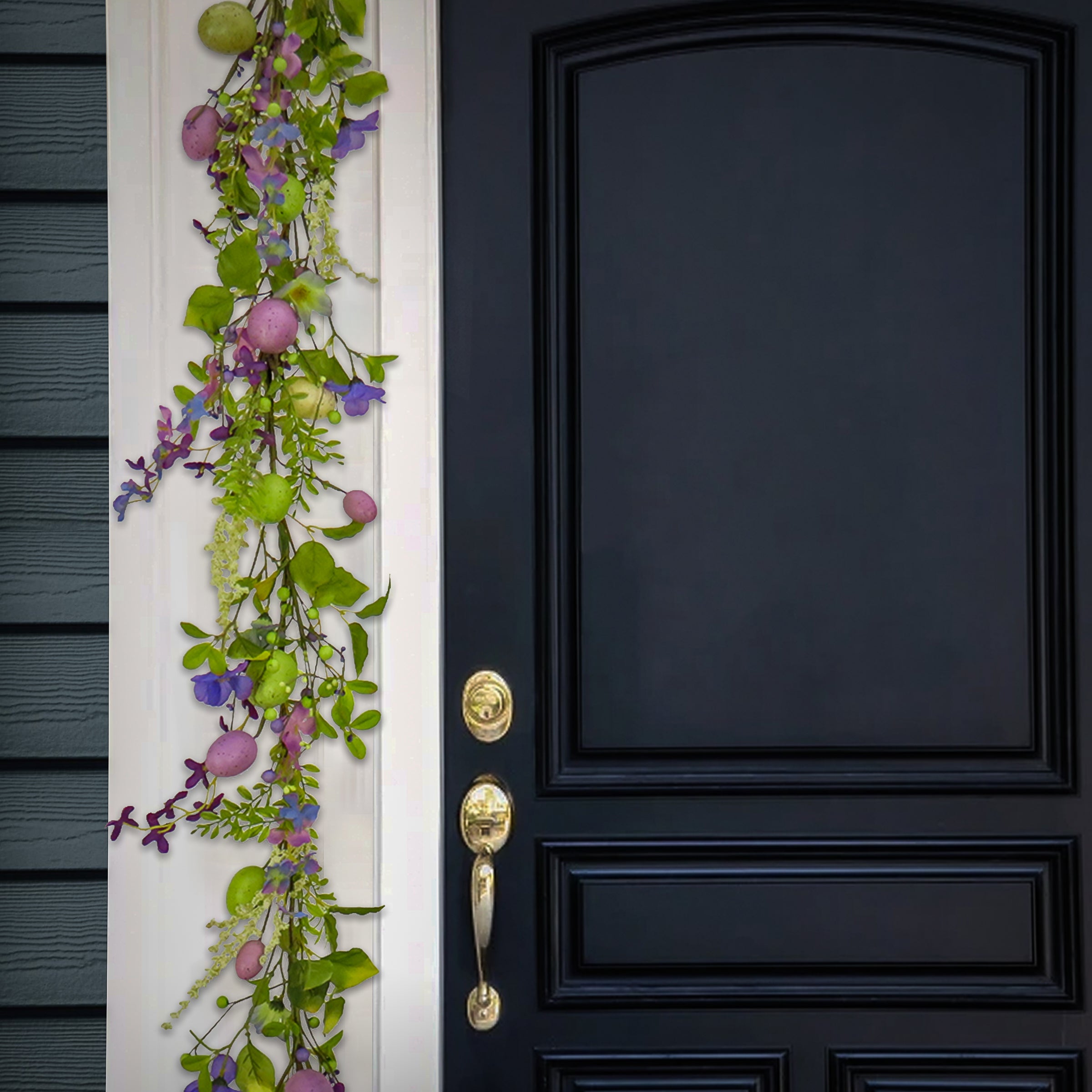 Artificial Spring Garland, Vine Stem Base, Decorated with Pastel Eggs, Purple Flowers, Berries, Easter Collection, 60 Inches